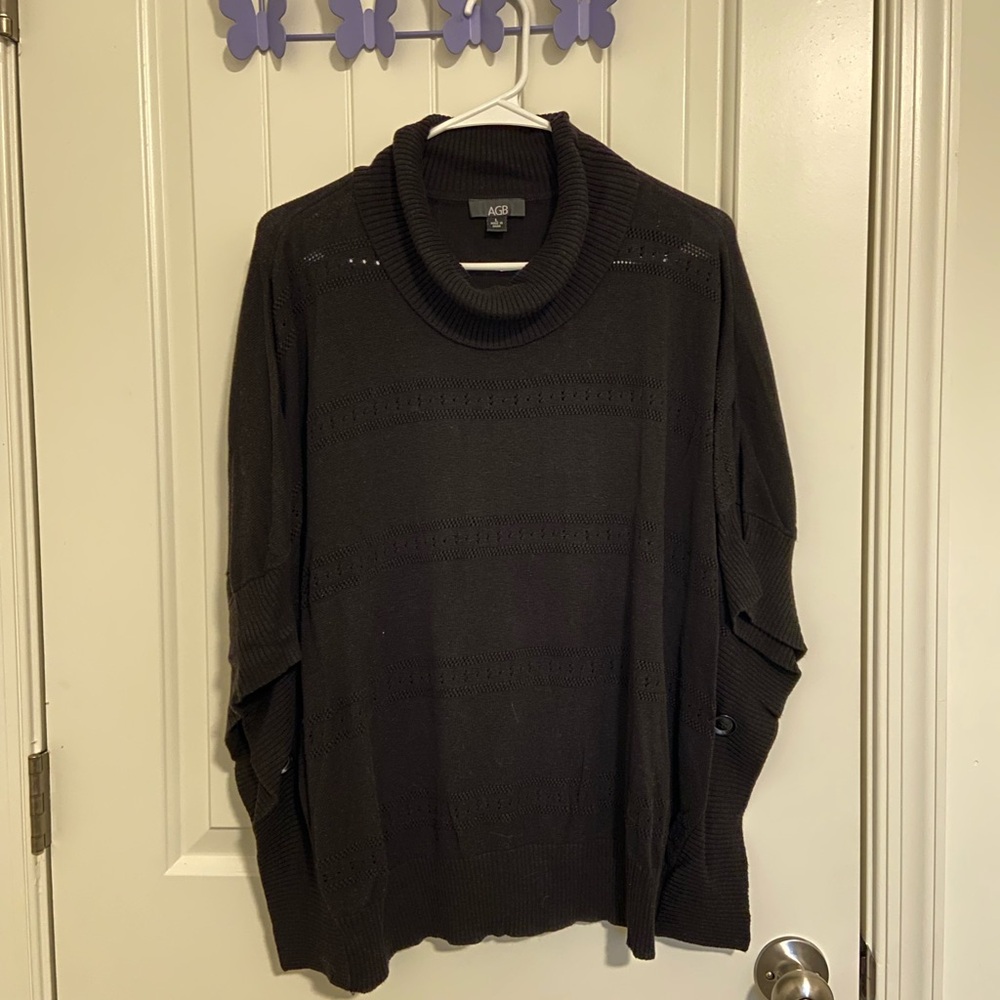 EUC‎ AGB women’s black cowl neck button knit pattern poncho sweater loose large